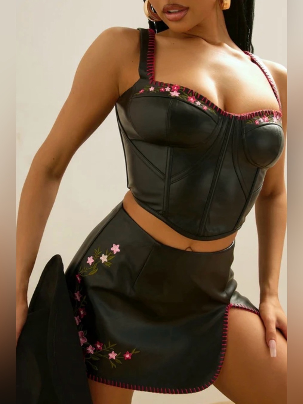 Black Faux Leather Two-Piece Skirt Set with Pink Floral Embroidery